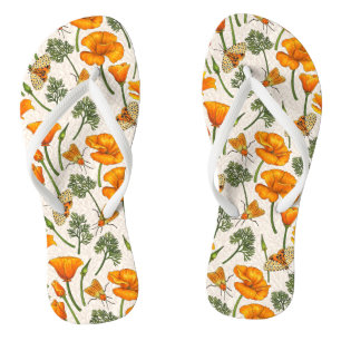 California poppies and moths on off white flip flops