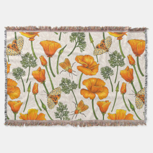 California poppies and moths on off white throw blanket