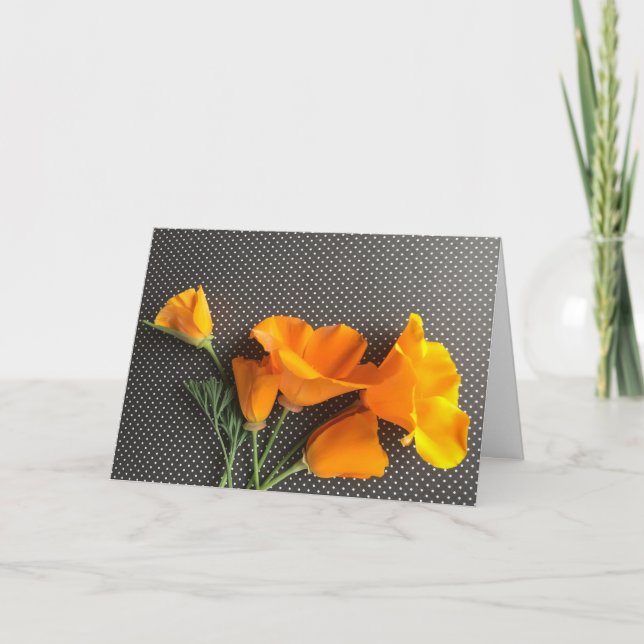 California poppies on black and white polka dots card (Front)