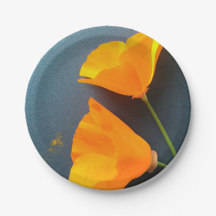 California poppies on blue paper plate