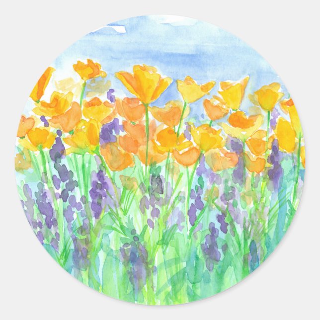 California Poppies Purple Lupines Wildflowers Classic Round Sticker (Front)