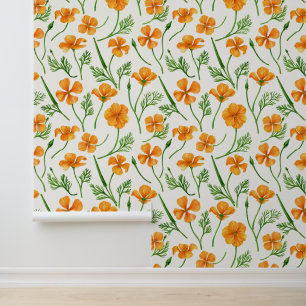California poppies, summertime flowers on white wallpaper