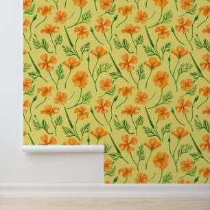 California poppies, summertime flowers on yellow wallpaper