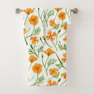 California poppies, summertime flowers, orange wil bath towel set