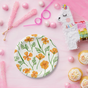 California poppies, summertime flowers, orange wil paper plate