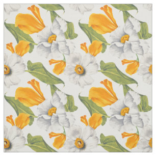 California poppies white daffodils pattern  fabric