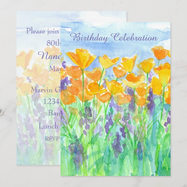 California Poppy 80th Birthday Party Invitation (Front/Back)