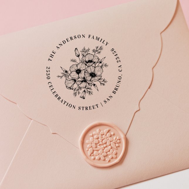 California Poppy | Custom Name & Return Address Rubber Stamp (Rubber Stamp Mock-up)