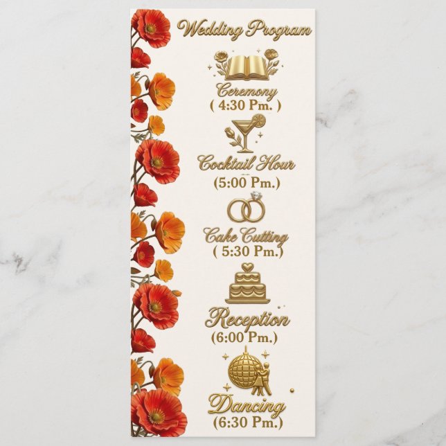 California Poppy Floral Wedding Program Card (Front)