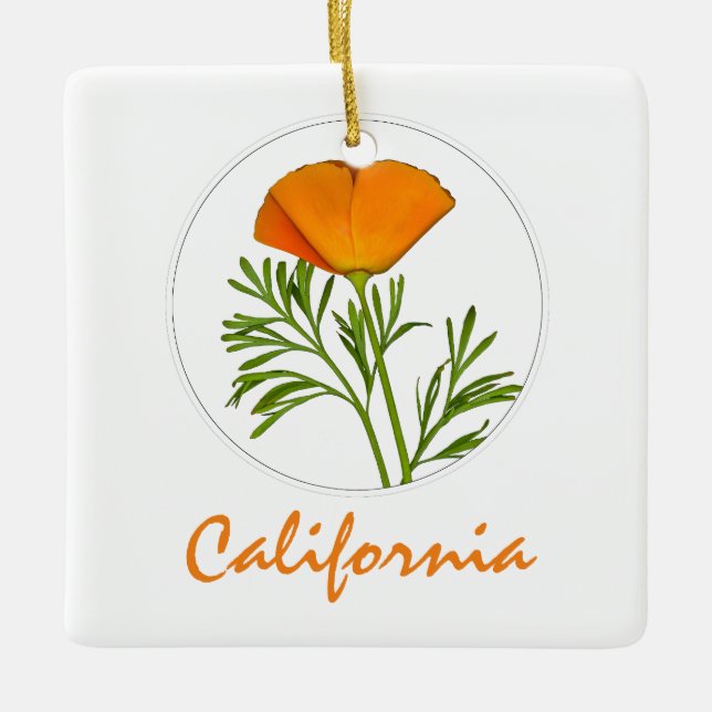 California Poppy in a Circle, "California" Text Ceramic Ornament (Front)
