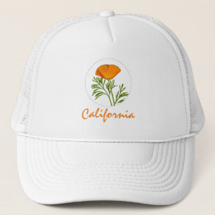California Poppy in a Circle, "California" Text Trucker Hat