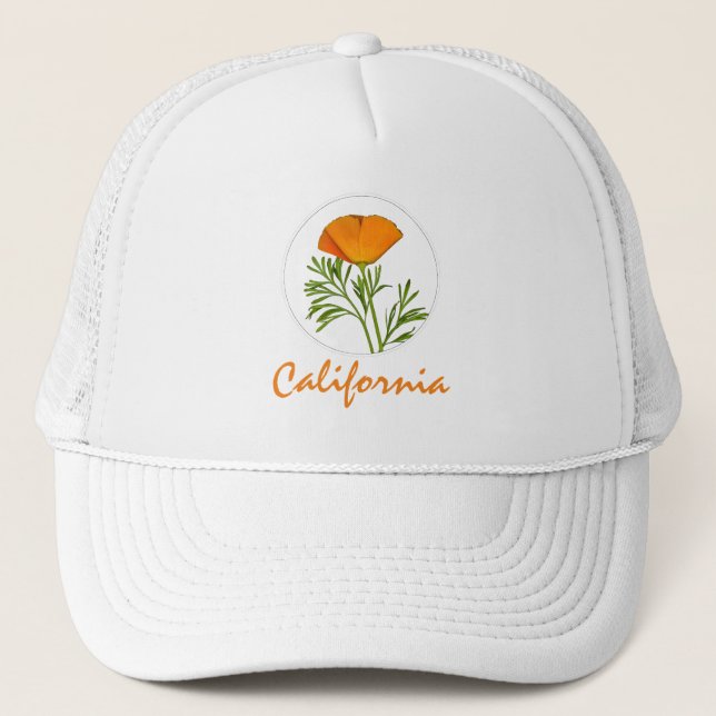 California Poppy in a Circle, "California" Text Trucker Hat (Front)
