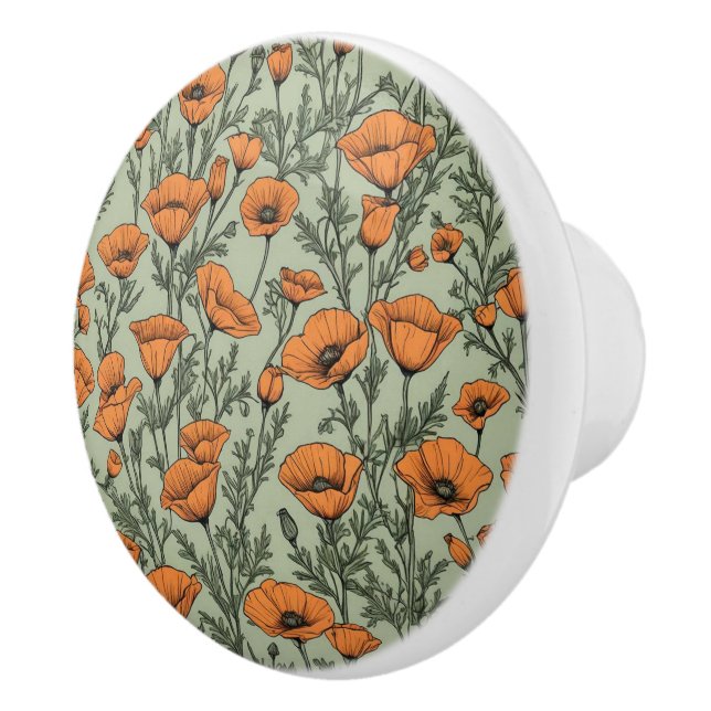 California Poppy Orange Flower pattern Ceramic Knob (Right)