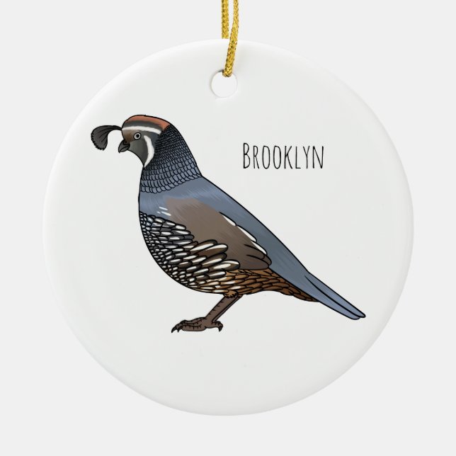 California quail bird cartoon illustration ceramic tree decoration (Front)