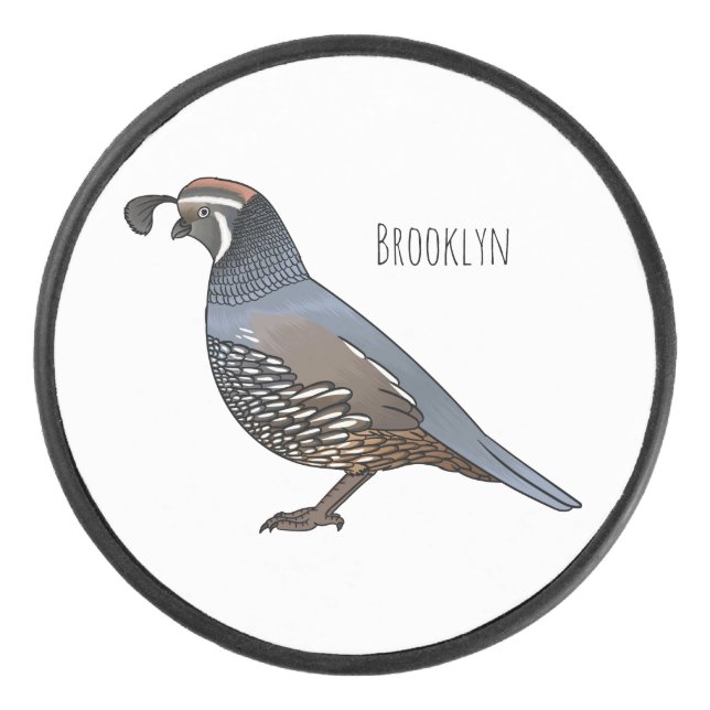 California quail bird cartoon illustration  hockey puck (Front)