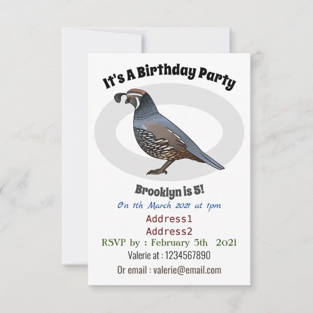 California quail bird cartoon illustration invitation (Front)
