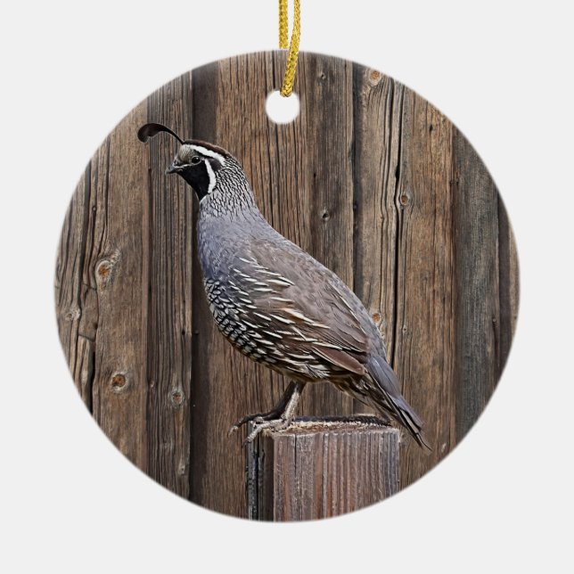 CALIFORNIA QUAIL ON BARNBOARD CERAMIC TREE DECORATION (Front)