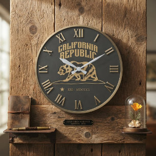 California Republic Flag Bear Roman Numeral Large Clock