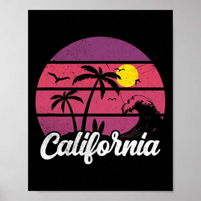 California Retro Sunset Wave Surfboard Beach Surfi Poster (Front)