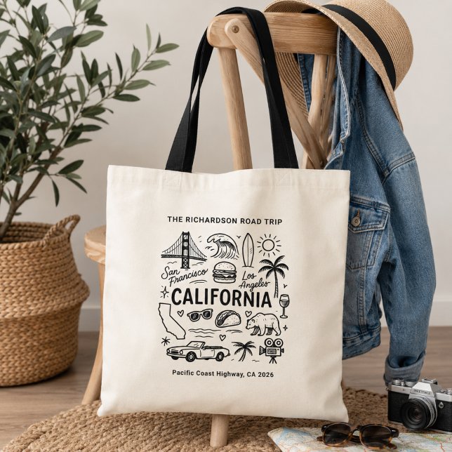 California Road Trip Custom Matching Tote Bag (Edit text as required, add family name, route, year or your own text combination)