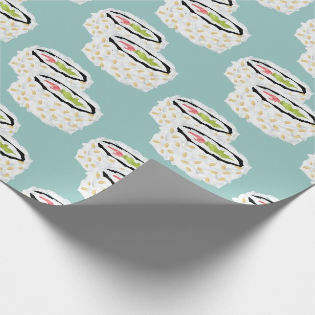 California Roll Sushi Pattern Light Blue Wrapping Paper (Corner)