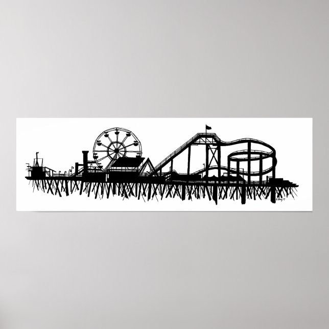 California Santa Monica CA Iconic Pier Silhouette Poster (Front)