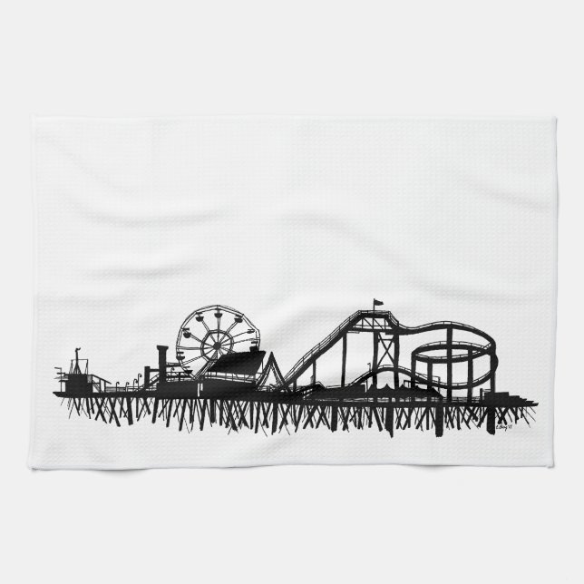 California Santa Monica CA Iconic Pier Silhouette Tea Towel (Horizontal)