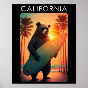 California Shirt Cool Republic Bear Surfing Beach Poster