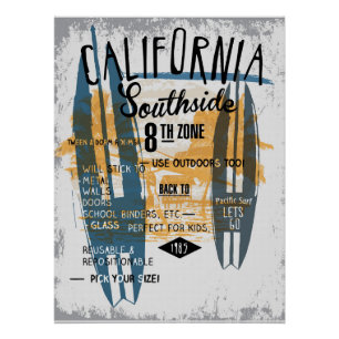 California Southside Retro Surfboard Poster