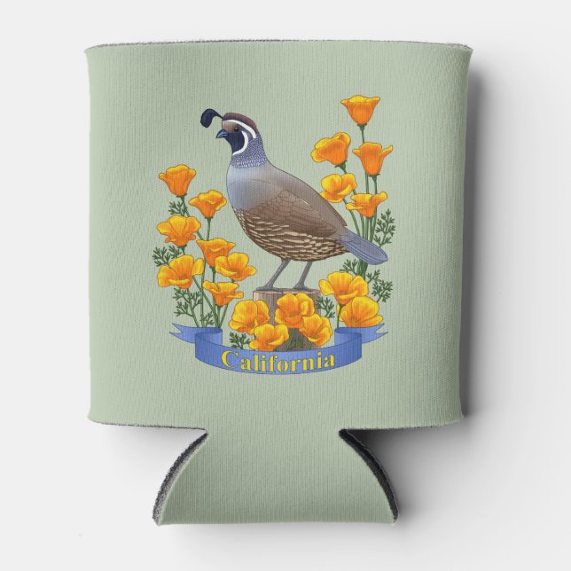 California State Bird Quail & Golden Poppy Can Cooler (Front)