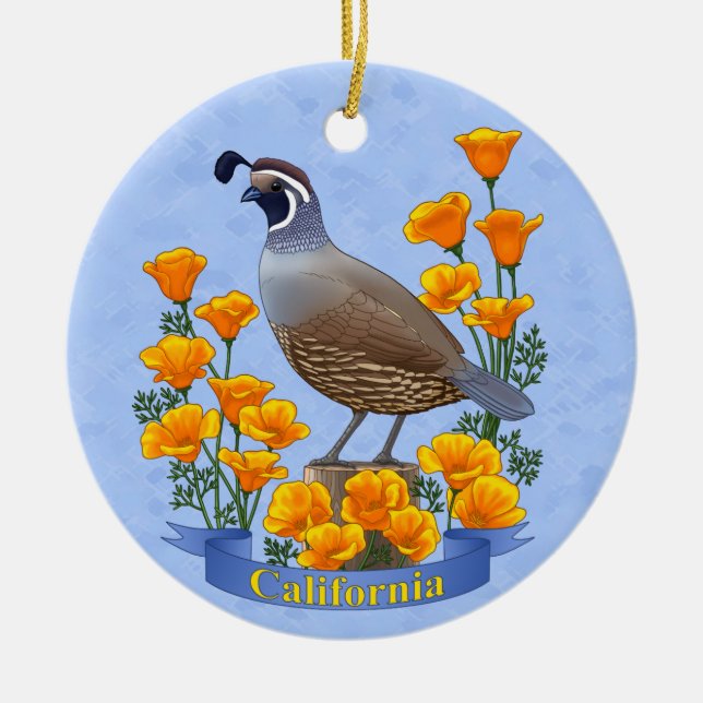 California State Bird Quail & Golden Poppy Ceramic Tree Decoration (Front)