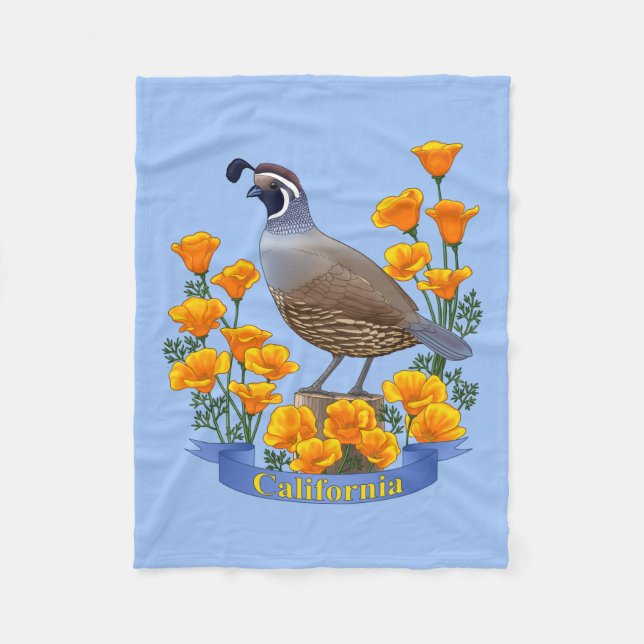 California State Bird Quail & Golden Poppy Fleece Blanket (Front)