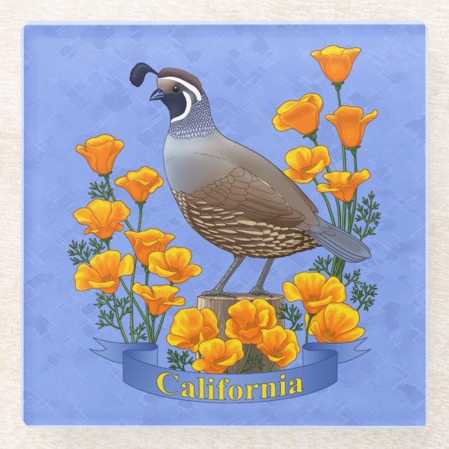 California State Bird Quail & Golden Poppy Glass Coaster (Front)