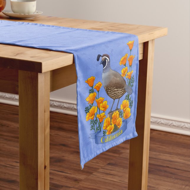 California State Bird Quail & Golden Poppy Medium Table Runner (In Situ)