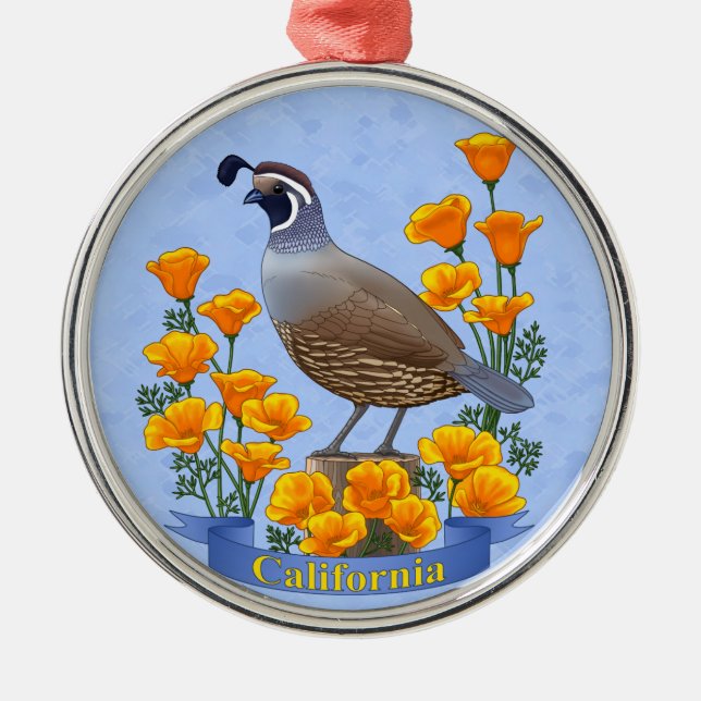 California State Bird Quail & Golden Poppy Metal Tree Decoration (Front)