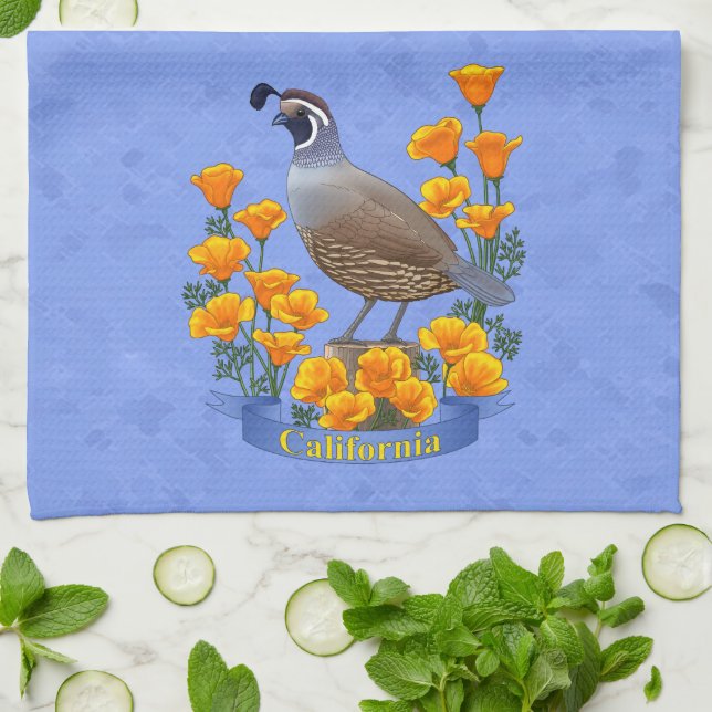 California State Bird Quail & Golden Poppy Tea Towel (Folded)