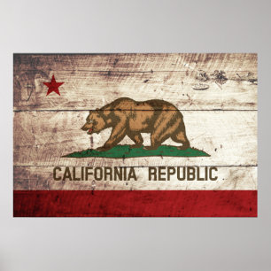 California State Flag on Old Wood Grain Poster