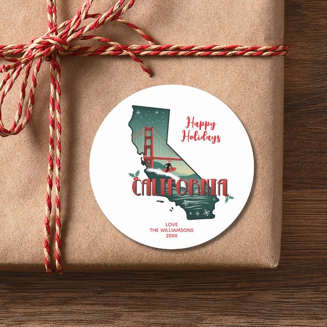 California State Happy Holidays Custom Text Year Classic Round Sticker (Personalize with your greeting, family name and year.  Matching items in the collection.)