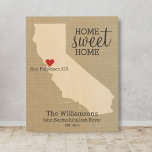 California State Love Custom Family Name Establish Wood Wall Art<br><div class="desc">Show your California, hometown and family love/pride with this beautiful custom wood wall art. A rustic chic wood-grained design features a CA state map silhouette, "Home Sweet Home" typography, a red heart showing where you live, all set against a faux burlap/linen tan background. Customise the text with your family names,...</div>