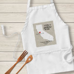 California State Love Home Sweet Home Custom Map Standard Apron<br><div class="desc">Show your California and hometown love with this fun custom apron. A rustic chic design features a CA state map silhouette, "Home Sweet Home" typography, a red heart showing where you live, all set against a faux burlap/linen tan background. Customise the text with your family names, monogram, city location, year,...</div>