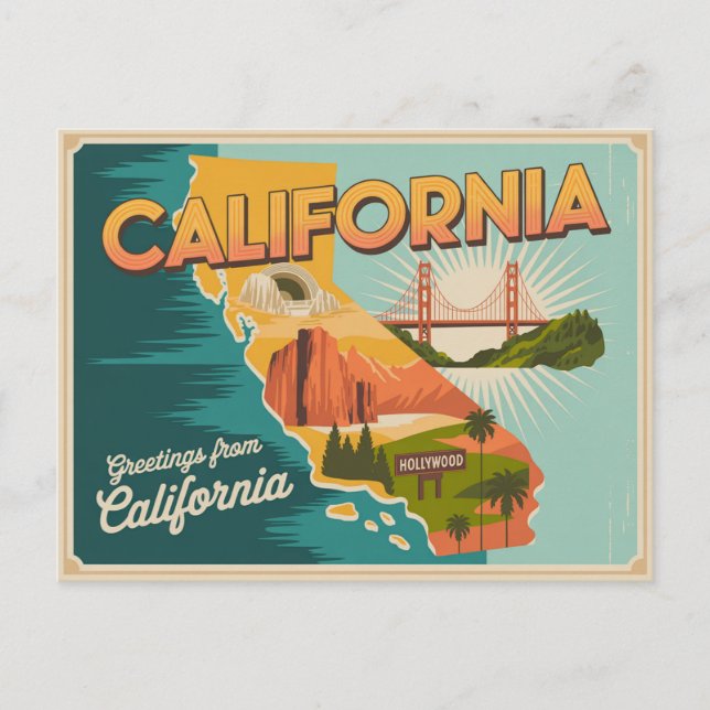 California state map illustrated postcard (Front)