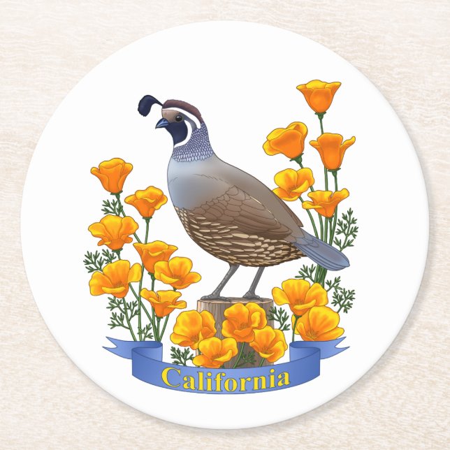 California State Quail Bird & Poppy Flower Round Paper Coaster (Front)