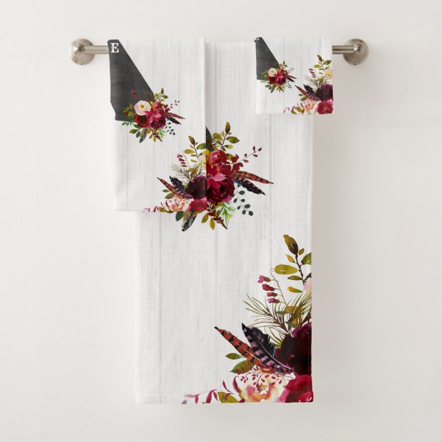 California State Rustic Floral Wedding Monogram Bath Towel Set (Insitu)