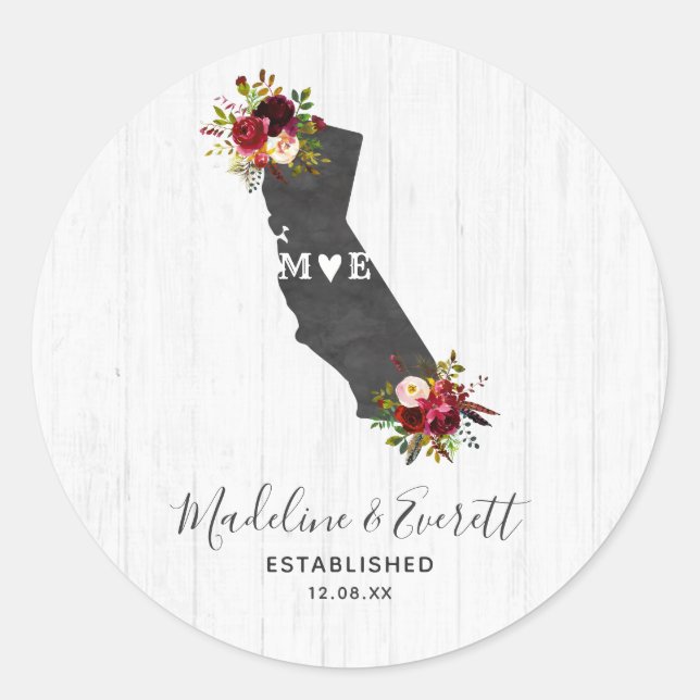 California State Rustic Floral Wedding Monogram Classic Round Sticker (Front)
