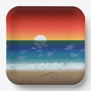 California Sunset Beach Sand Heart Paper Plate