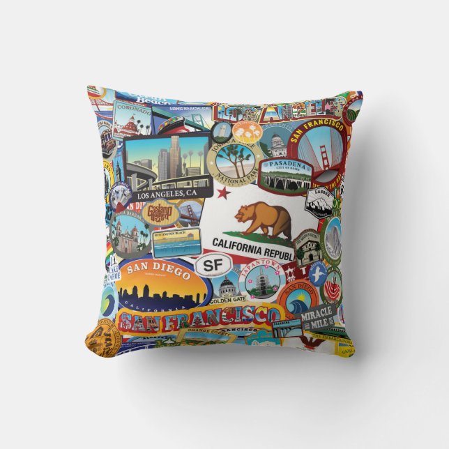 California Super Sticker Collage Pattern Cushion (Front)