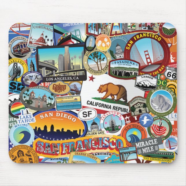 California Super Sticker Collage Pattern Mouse Mat (Front)