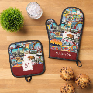 California Super Sticker Collage Pattern Oven Mitt & Pot Holder Set