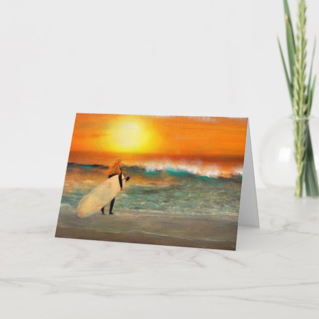 California Surfer Girl Sunset Beach Greeting Card (Front)