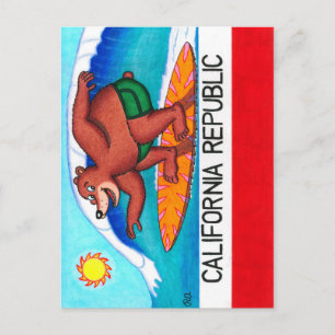 California Surfing Bear Flag Postcard